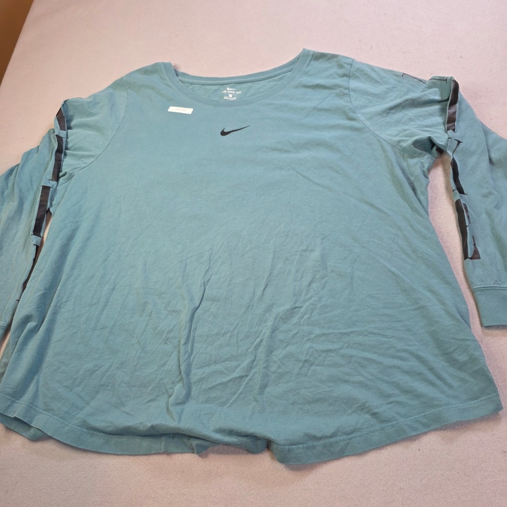 Nike Long Sleeve Tee Womens 2X Teal Blue Distressed Graphic Sleeve Swoosh Shirt